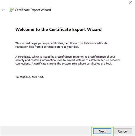 Certificate Export Wizard Welcome Screen