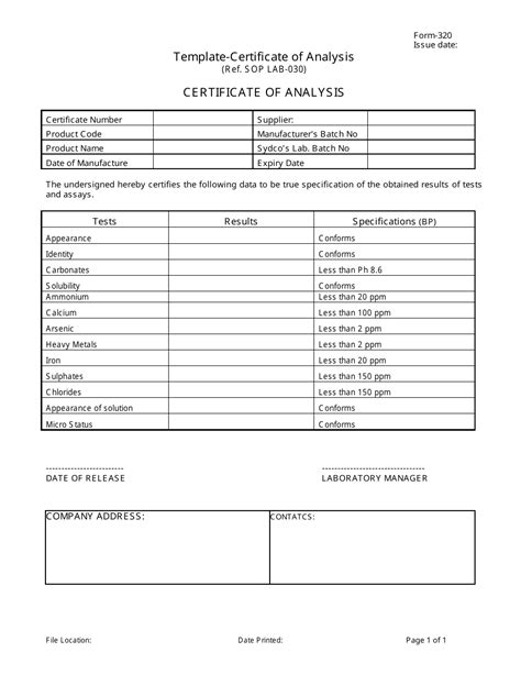 Certificate Of Analysis Template Word