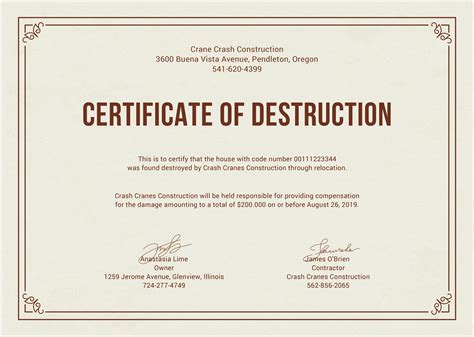 Certificate Of Destruction Template