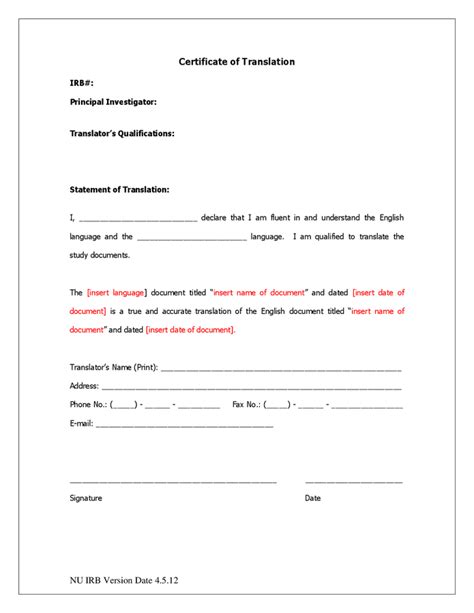 Certificate Of Translation Template