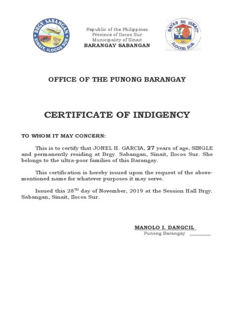 Certificate of Indigency