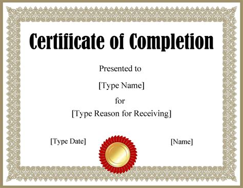 Certification Of Completion Template