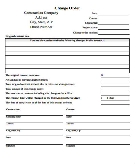 Change Order Form Template Construction
