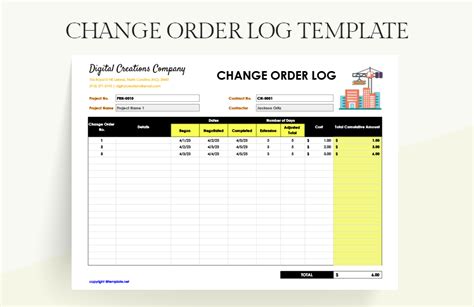 Change Order Log Template