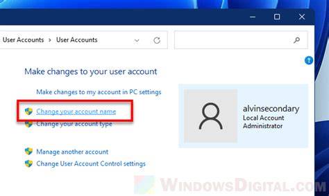 Change User Account Name via Control Panel