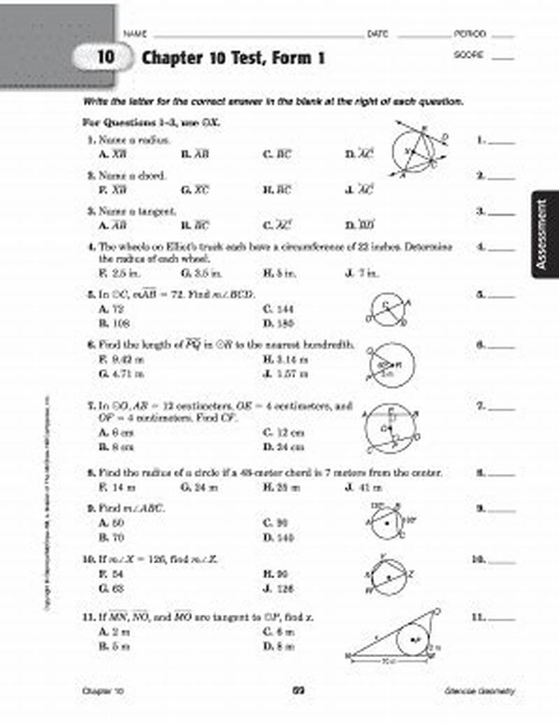 Chapter 10 Test Form 1 Geometry Answers