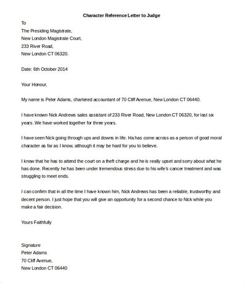 Character Reference Letter To Judge Template