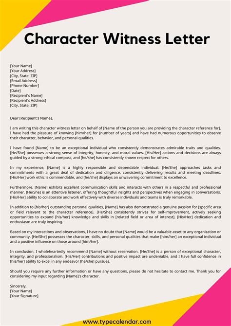 Character Witness Letter For Court Template