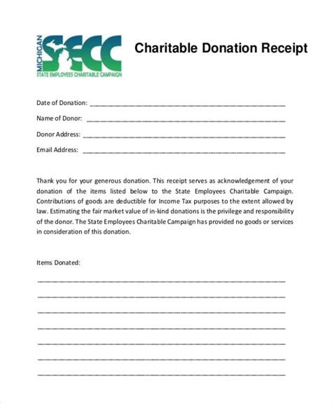 Charitable Donation Receipt Template
