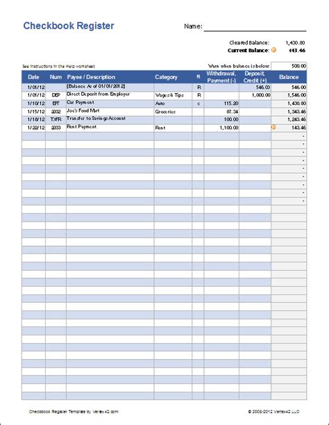 Checkbook Register Excel Template