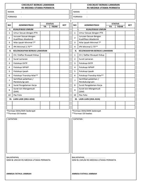 Checklist surat lamaran