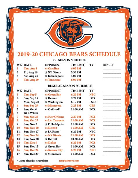 Chicago Bears Schedule Printable