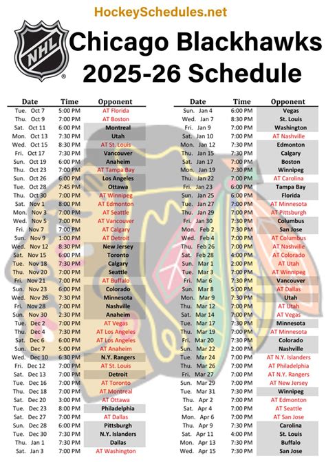 Chicago Blackhawks Printable Schedule