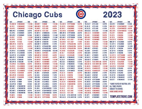 Chicago Cubs Printable Schedule