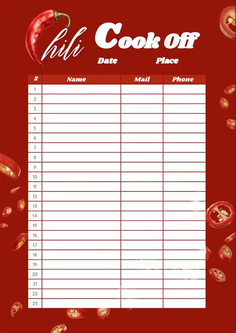 Chili Cook Off Sign Up Sheet Template Free