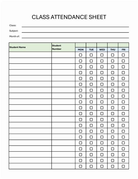 Class Templates.com Student Attendance Record By Week