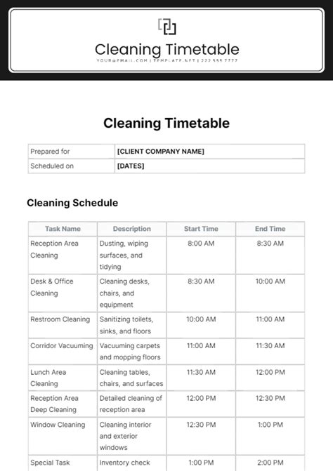 Cleaning Timetable Template