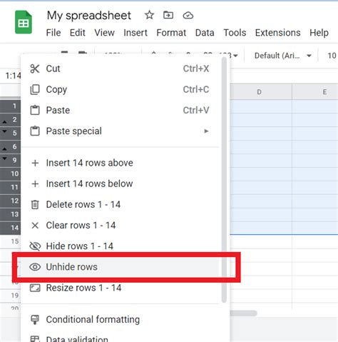 Click hidden row indicator to unhide