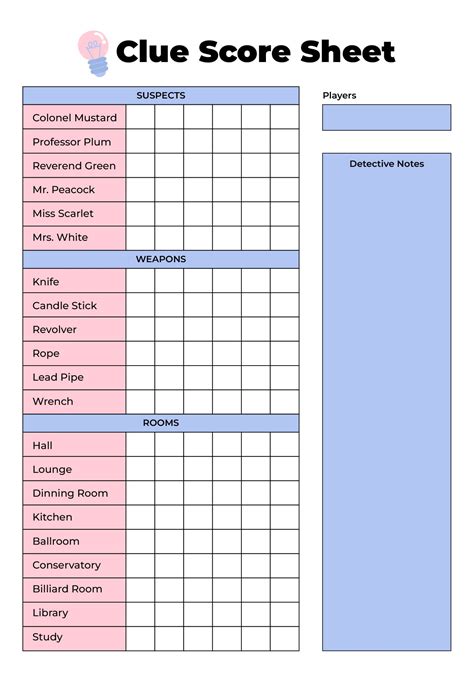 Clue Game Sheet Printable