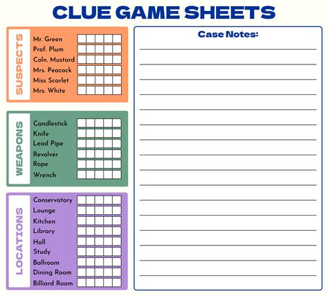 Clue Game Sheets Printable