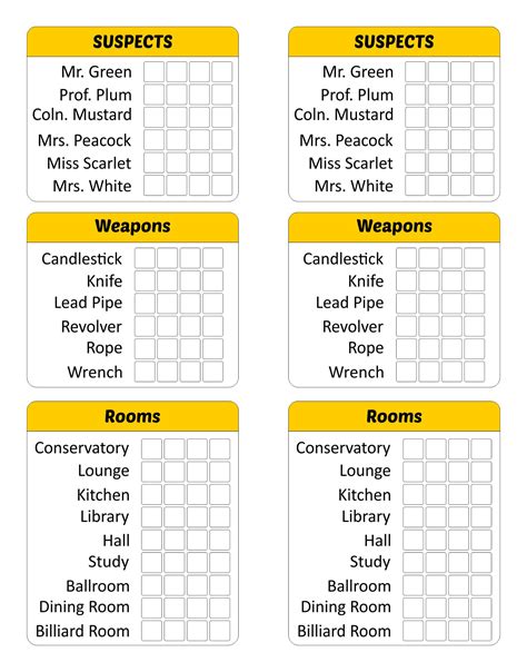 Clue Printable Game Sheets