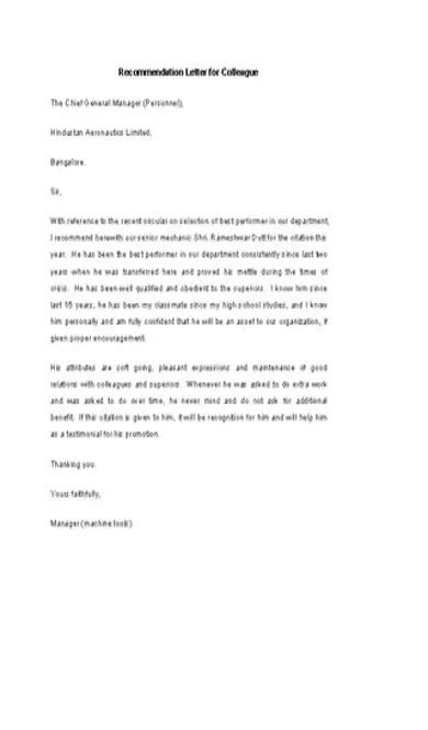 Colleague Recommendation Letter Template