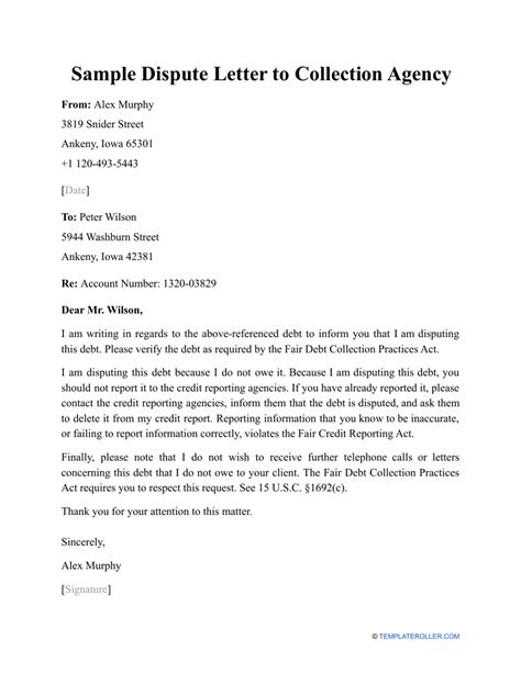 Collection Agency Debt Dispute Letter Template
