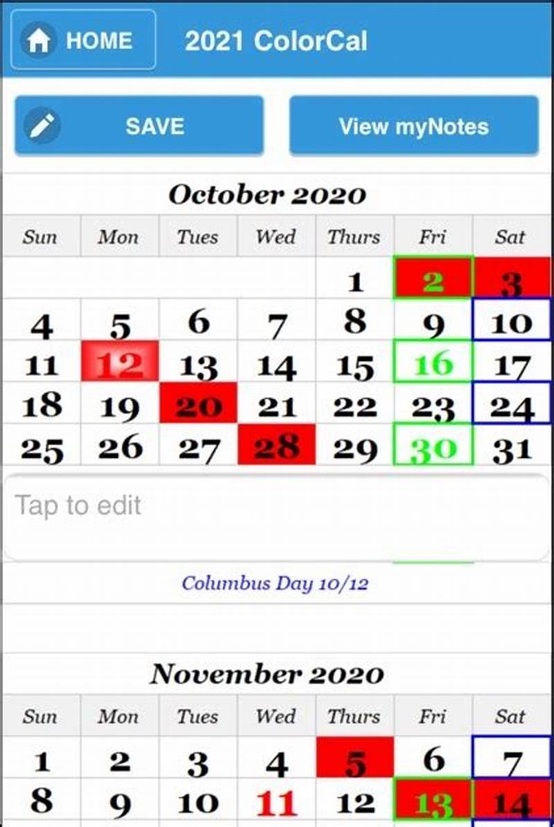 Color Coded Rotating Day Off Calendar