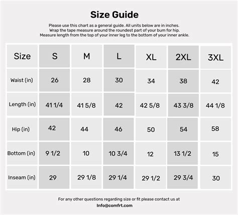 Comfrt Sizing Chart