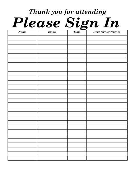 Conference Sign In Sheet Template