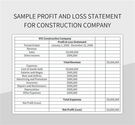 Construction Profit And Loss Template Excel