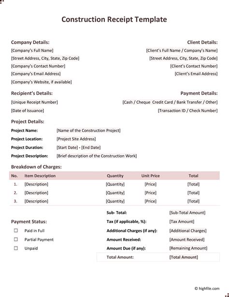 Construction Work Receipt Template