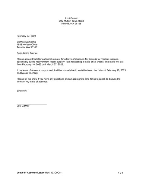 Content of a letter of absence from work