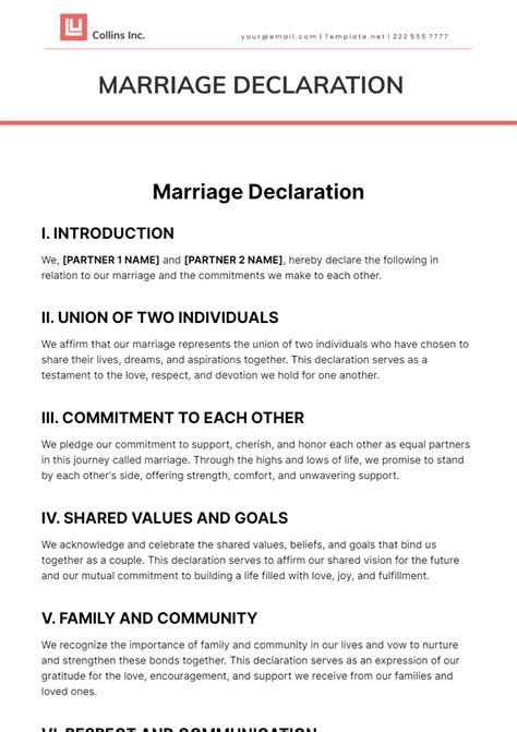 Content of marriage declaration letter