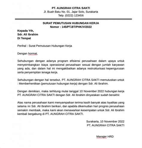 Contoh 2 Surat Keterangan PHK