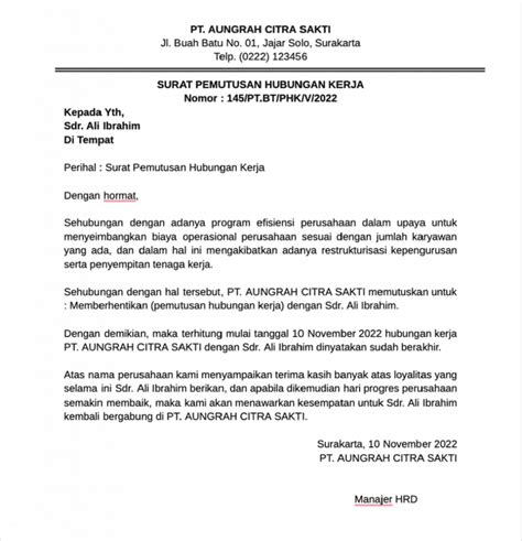 Contoh 3 Surat Keterangan PHK