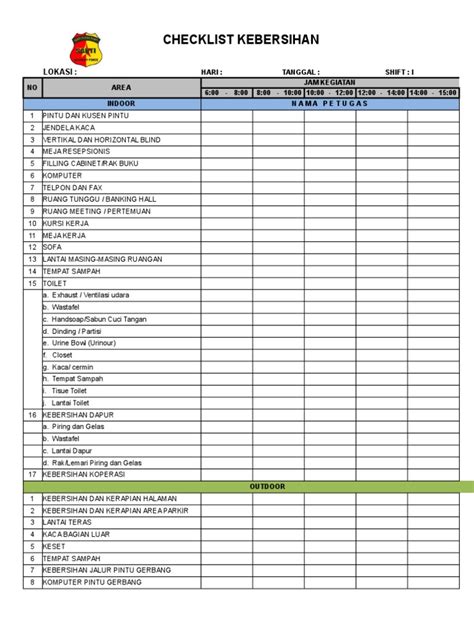 Contoh Checklist Kebersihan
