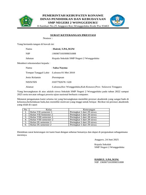 Contoh Desain Surat Prestasi