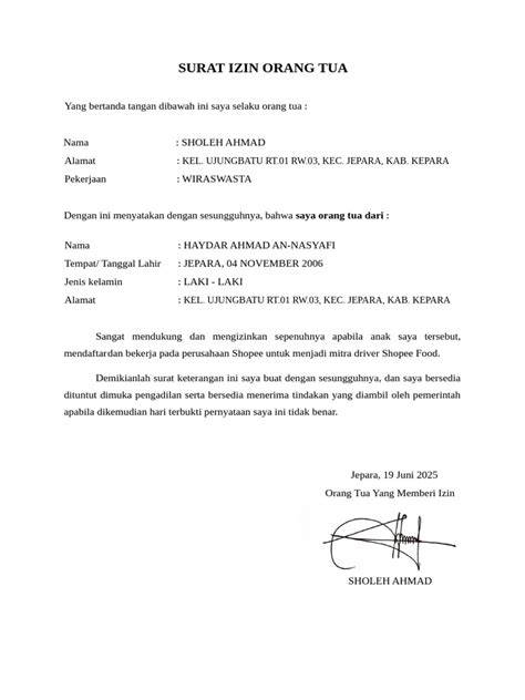 Contoh Format Surat Izin ShopeeFood