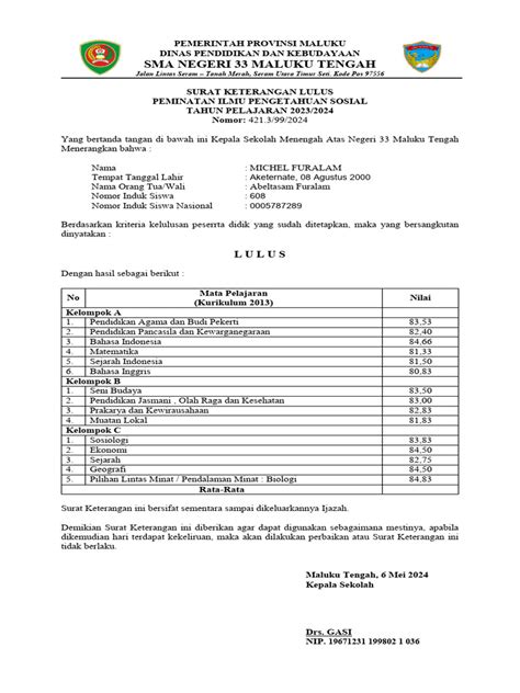 Contoh Format Surat Keterangan Lulus SMA 2024