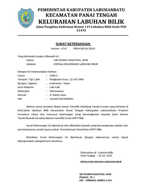 Contoh Format Surat Keterangan Lunas PBB