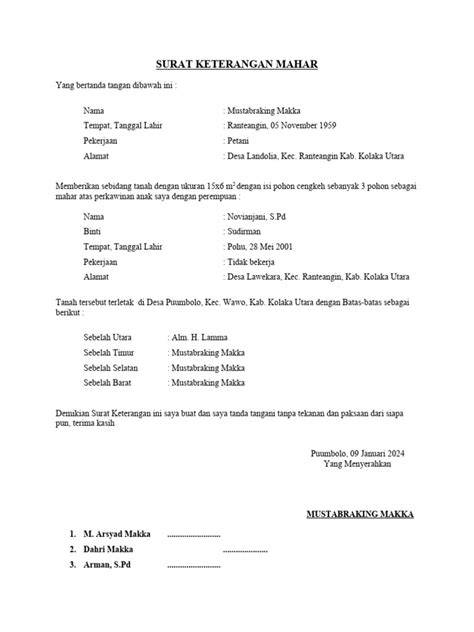 Contoh Format Surat Mahar