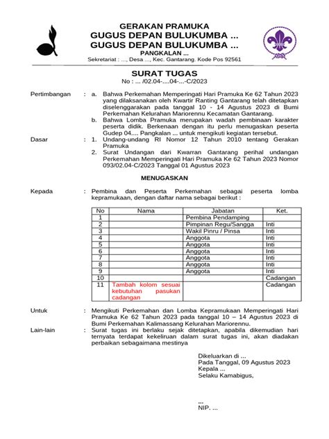 Contoh Format Surat Perintah Tugas Pramuka