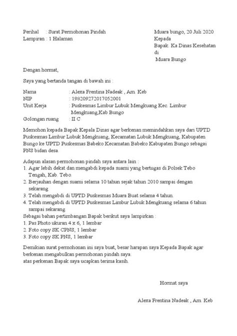 Contoh Format Surat Permohonan Formasi Pindah