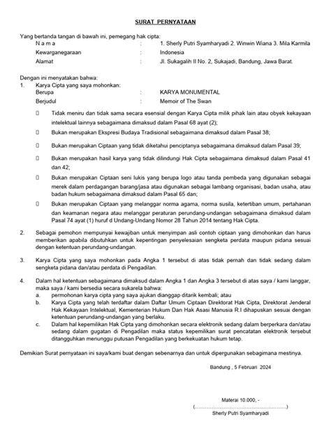 Contoh Format Surat Pernyataan Hak Cipta