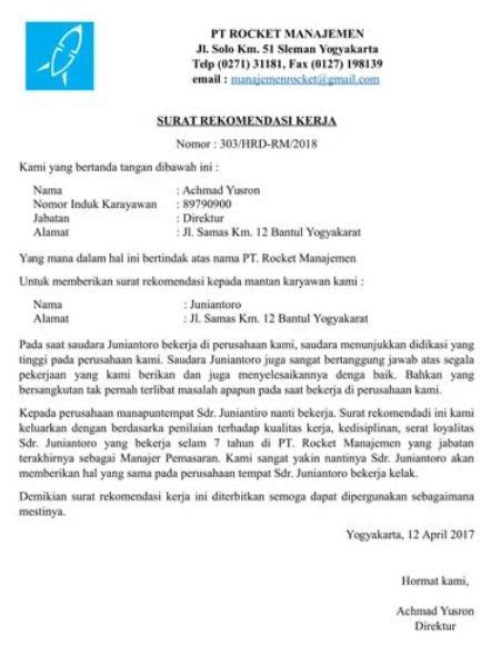Contoh Format Surat Rekomendasi