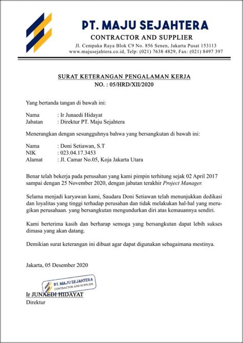 Contoh Paklaring Kerja Lengkap