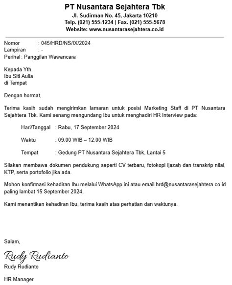 Contoh Surat Balasan Panggilan Interview
