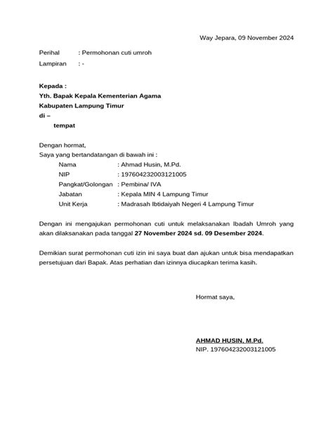 Contoh Surat Cuti Umroh