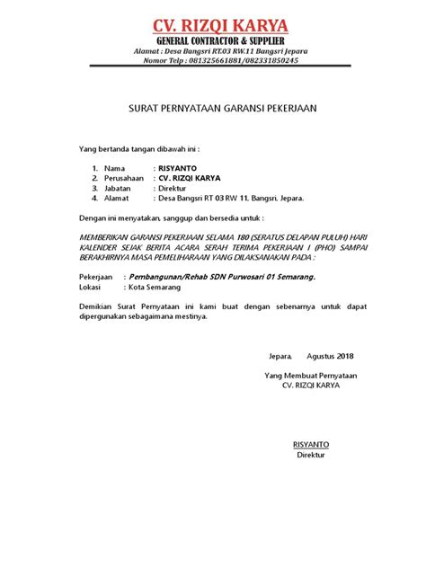 Contoh Surat Garansi Pekerjaan
